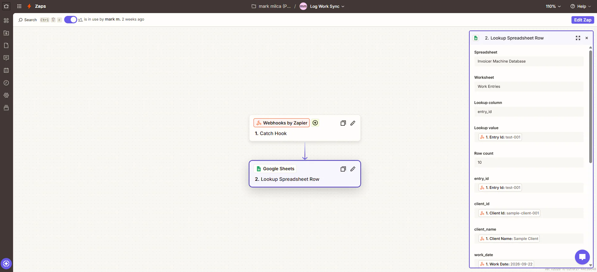 Zapier Log Work Sync zap with the spreadsheet lookup step open