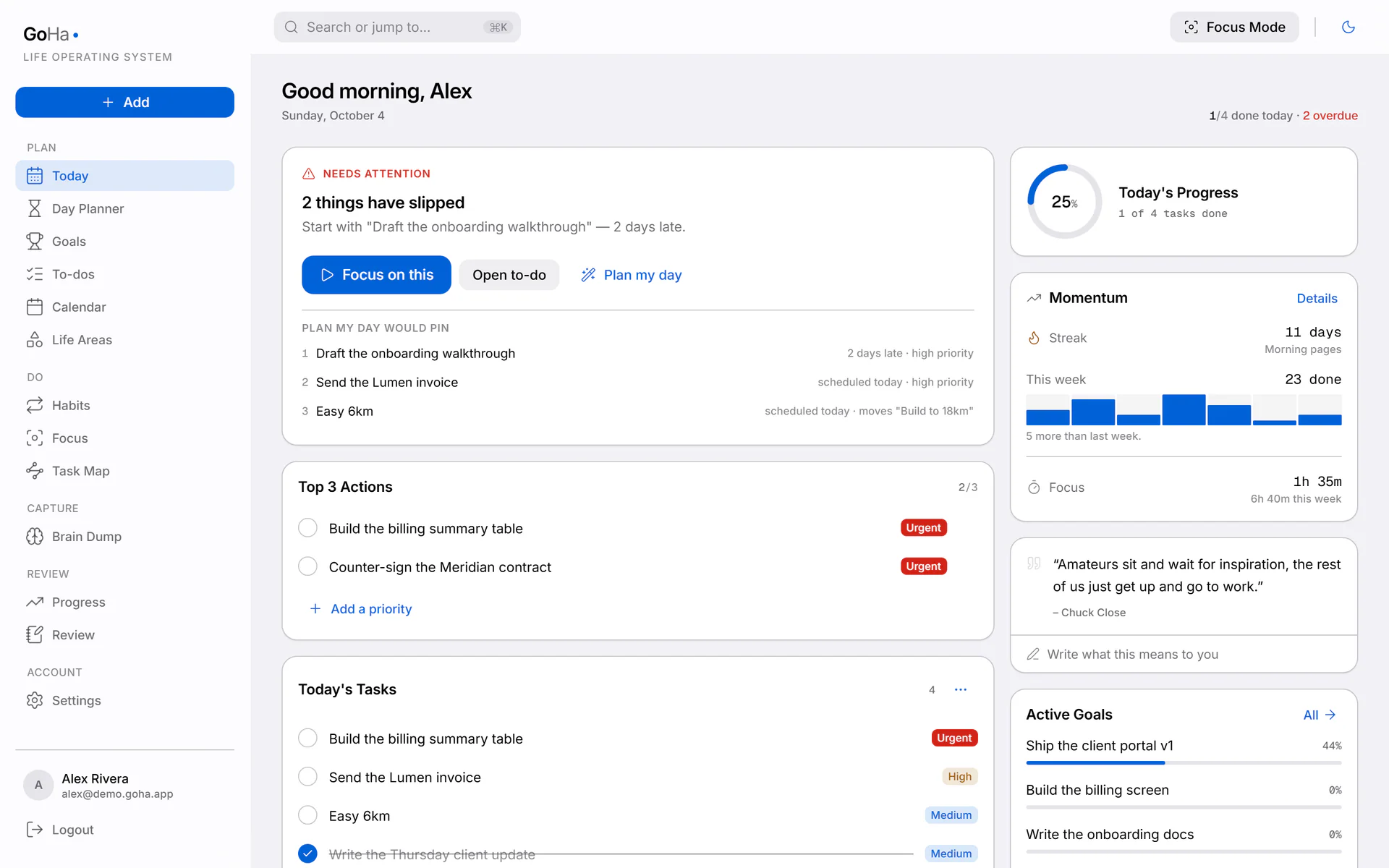 GoHa Today dashboard with the ranking engine's recommendation, top three actions and today's tasks